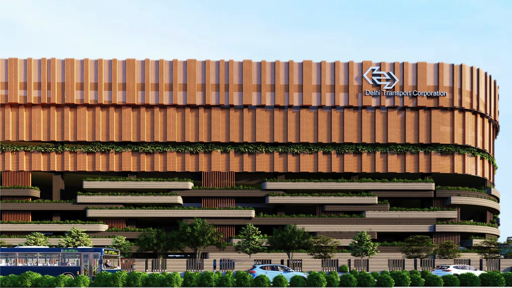 The elongated façade integrates linear planters and perforated metal screens that filter light, reduce heat gain, and introduce greenery into the city’s dense fabric