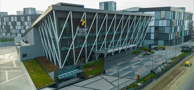 The Prestige Srihari Khoday Center for Performing Arts - The façade is a three-storey structural frame made up of an angled truss that also appears as a semi-detached screen