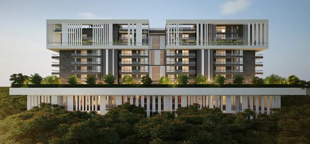 The development uses slim-profile aluminium fire-rated frames that do not obstruct the architectural rhythm