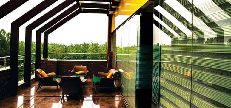 Façade is comprised of uniquely designed glass louvers