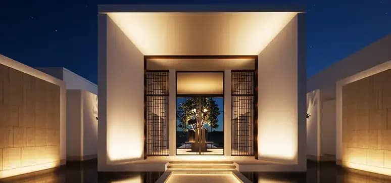 Discreet uplighting defines entrance architecture