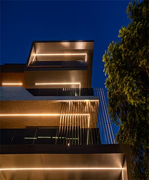 The infusion of strip lighting in the design curates a visual delight