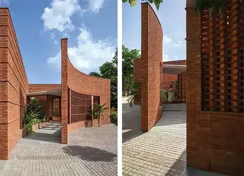 The space is demarcated by a tall frame done in exposed brick