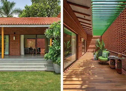 The use of bricks, sloping roofs and Mangalore tiles