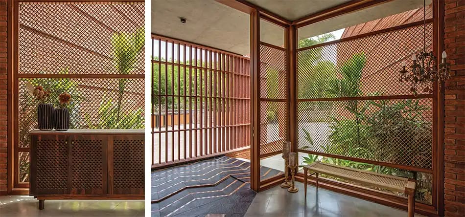 spaces in the house, the living- dining and both bedrooms have a semi-covered courtyard with subtle greens and brick jaali