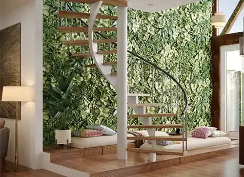 Modern living room with staircase and green wall