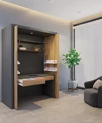 A modern, multifunctional wall unit with a sliding door