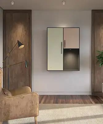 modern wall-mounted cabinet with three panels in different colors