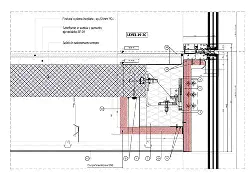 Detail of a Spandrel area fire insulation on the unitised façade curtain wall