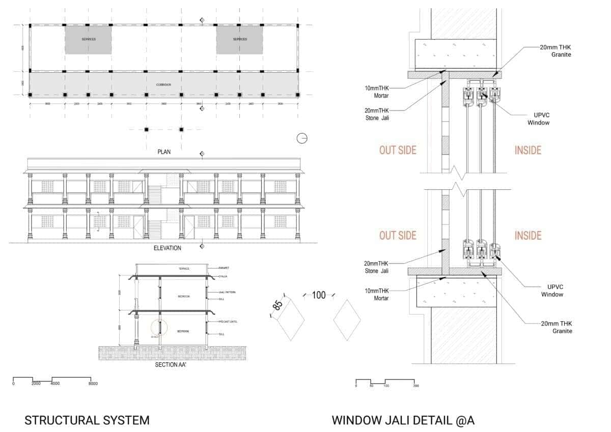 Figure 5b_ Drawings showing the symmetrical structural system and window jalli detail