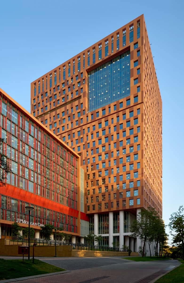 Nirlon Knowledge Park - terracotta cladding in ventilated façade screens, which creates an additional breathable layer of insulation