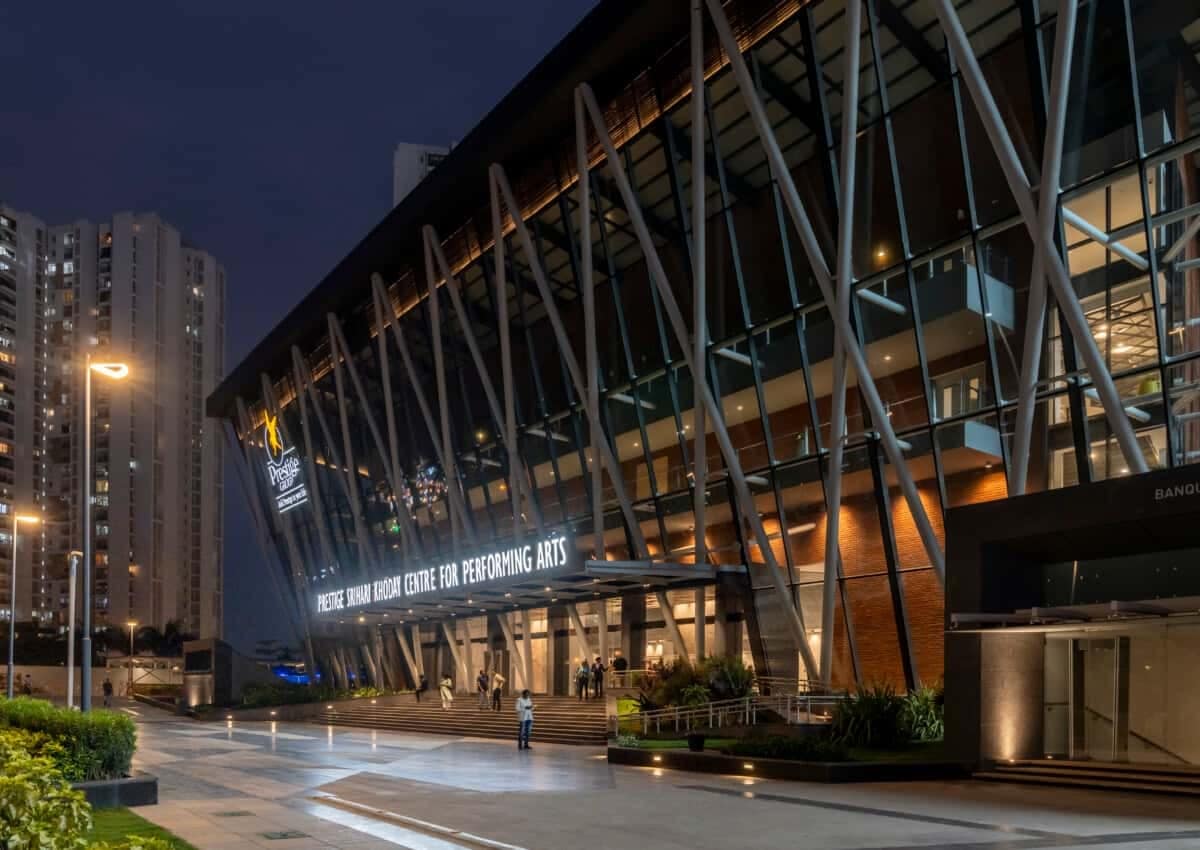 The façade at night