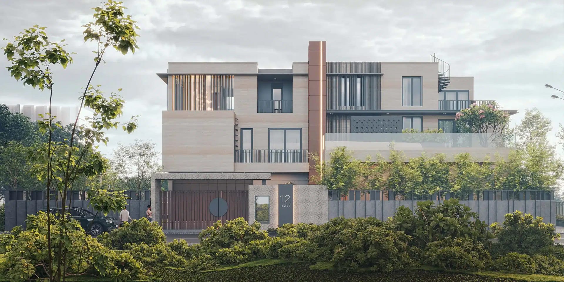 Where clean lines meet calm greens - a modern home designed for light, life, and effortless elegance. Urban architecture softened by nature, creating a serene everyday retreat (Image Credit - 6Hues Architecture Studio)